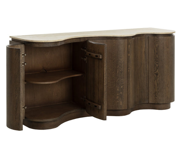 Sunpan FABLE Sideboard: Elegant Solid Oak Storage with Curved Design and Travertine Top for Modern Homes 112360