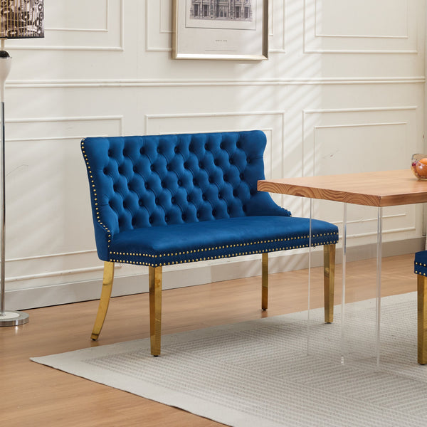 English Elm Velvet Wingback Dining Bench Tufted Two Seat Mid Century Modern Brushed Steel Base Blue W1143P406979