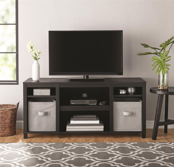 English Elm Parsons TV Stand for TVs up to 50" with ample open shelving, cord management, modern oak finish Black B2733P384489