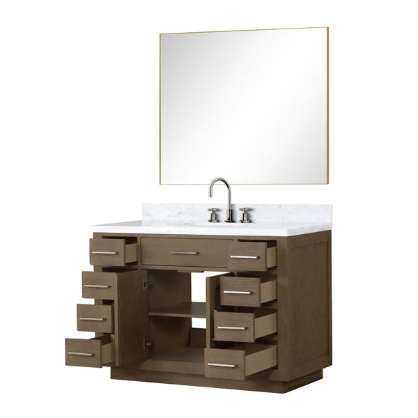English Elm Grey Oak Single Bath Vanity Set With Carrara Marble Top, Faucet, And 46" Frameless Mirror Included B2731S01964