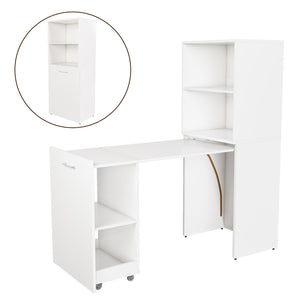 English Elm Stretchable expandable office desk with magnetic fold, lockable casters, adjustable shelves for storage and space-saving White W509P355680