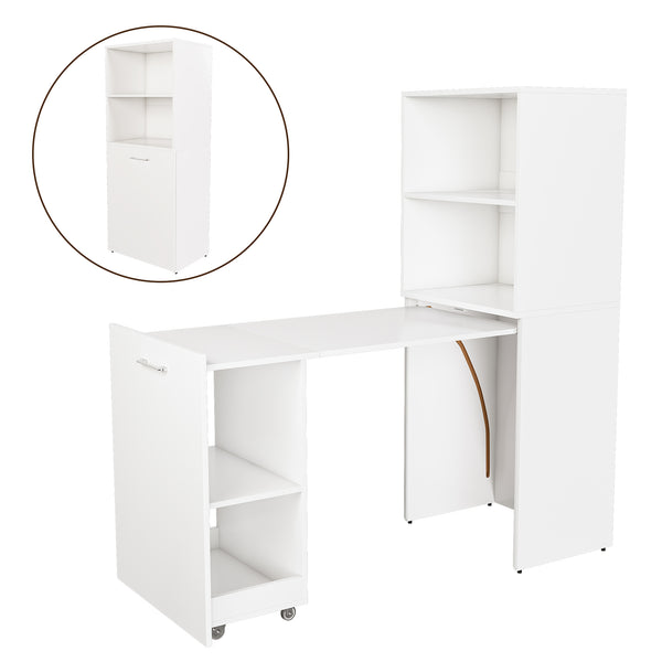 English Elm Stretchable expandable office desk with magnetic fold, lockable casters, adjustable shelves for storage and space-saving White W509P355680