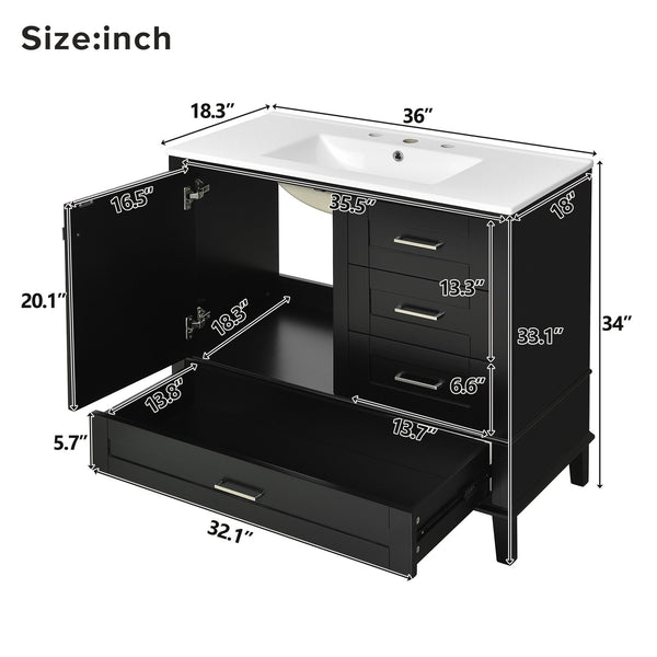 English Elm 36" Black Bathroom Vanity Solid Pine Frame with Soft-Close Door, 3 Drawers, Ceramic Top, Modern Storage Appeal N729P211167B