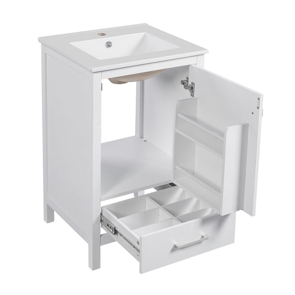 English Elm 20-Inch Compact Bathroom Vanity with Ceramic Sink, Soft-Close Storage, Divider Drawer & Easy Plumbing Access White N729P334847K