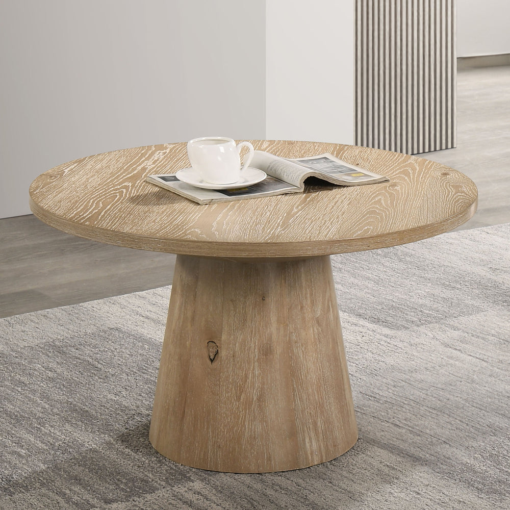 English Elm Contemporary Round Coffee Table With Cone Base - Warm Oak Finish, Stylish Design For Modern Living Rooms B2741S00441