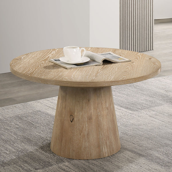 English Elm Contemporary Round Coffee Table With Cone Base - Warm Oak Finish, Stylish Design For Modern Living Rooms B2741S00441