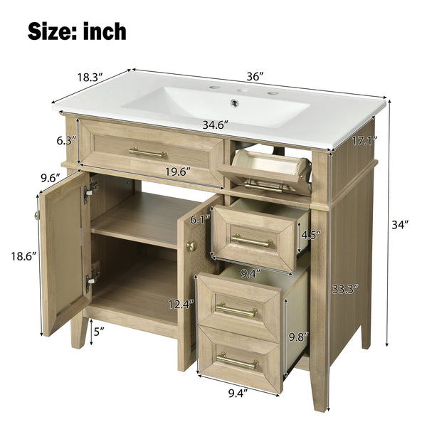 English Elm 36" Light Oak Bathroom Vanity with Ceramic Sink, Rattan Accents, Soft-Close Doors & Spacious Drawers N729P208125O