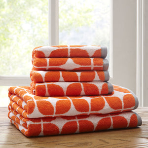 JLA Home Intelligent Design - Cotton Reversible Orange Geometric Jacquard 6-Piece Towel Set — Plush, OEKO-TEX Certified Comfort and Absorbency ID91-522