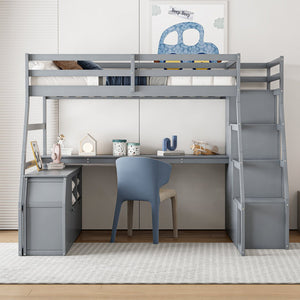 English Elm Full Size Kids Loft Bed with Integrated Desk Seven Drawers and Open Shelving Gray LT000649AAE-1