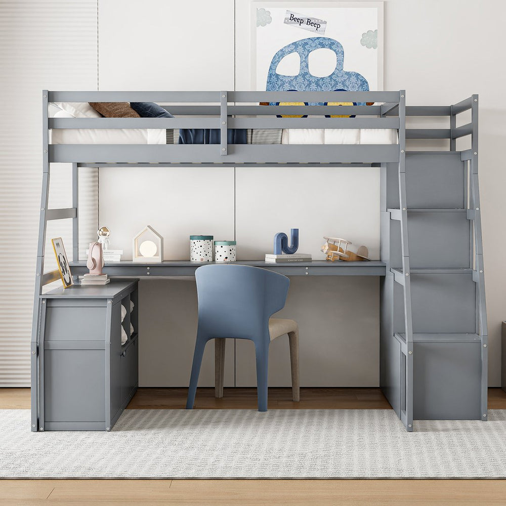 English Elm Full Size Kids Loft Bed with Integrated Desk Seven Drawers and Open Shelving Gray LT000649AAE