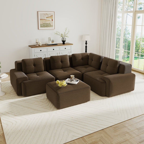 English Elm Modern Corduroy Sectional Sofa Deep Seat V Shape Tufted Couch with Movable Ottoman Brown W714S01576