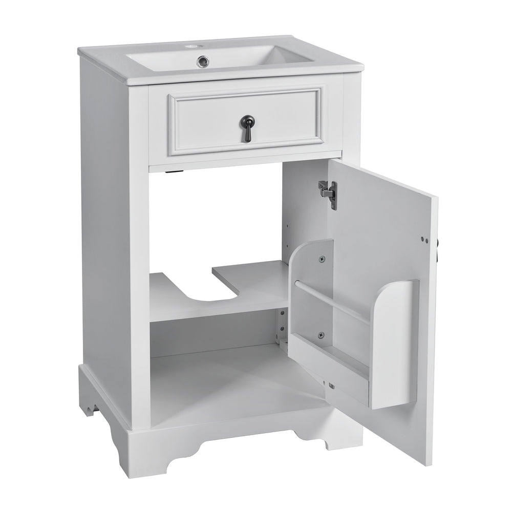 English Elm 20-Inch bathroom vanity with ceramic sink, soft-close door, vintage handle, adjustable shelves, compact storage for small baths White N729P192077K