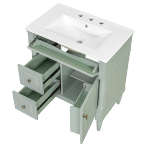 English Elm 30" Freestanding Bathroom Vanity Rubberwood Frame Ceramic Sink Flip Drawer Storage Green N725P356062F