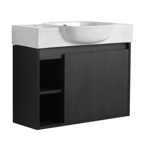 English Elm 26'' Wall-Mounted Bathroom Vanity with Glossy White Ceramic Sink, Soft-Close Door & Waterproof Finish Dark Oak W999P310759