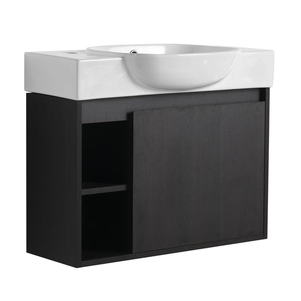 English Elm 26'' Wall-Mounted Bathroom Vanity with Glossy White Ceramic Sink, Soft-Close Door & Waterproof Finish Dark Oak W999P310759