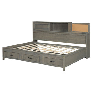 English Elm Full Size Gray Wood Daybed with Storage Drawers Shelf Usb Charging Upholstered Back LP002025AAE-1