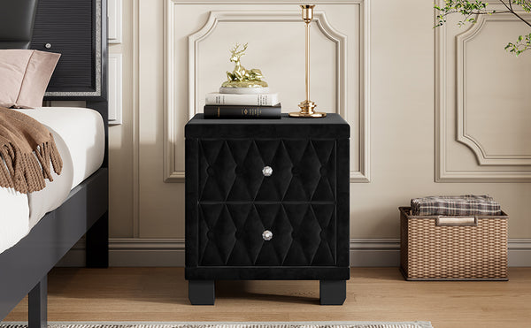 English Elm Elegant Velvet Upholstered Nightstand with Crystal Knobs Tufted Glam Bedside Storage Black N733P210398B