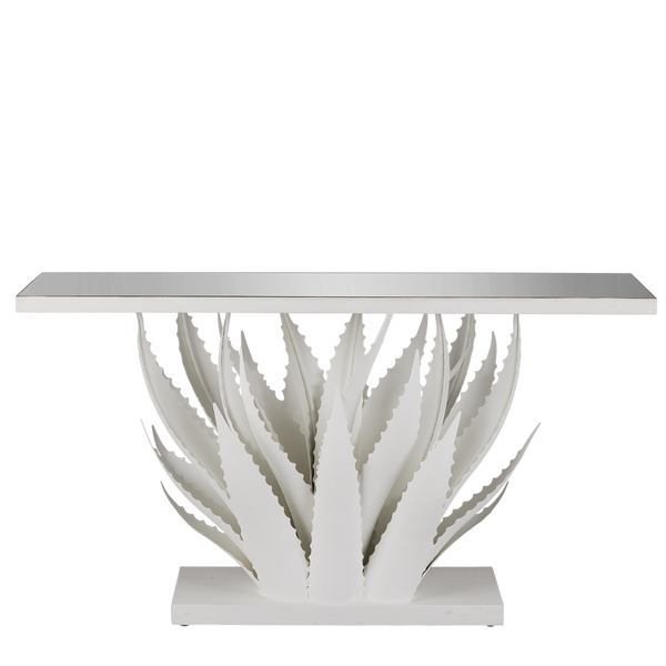 Agave White Console Table - Elegant Wrought Iron Design with Mirrored Top, Nature-Inspired Style