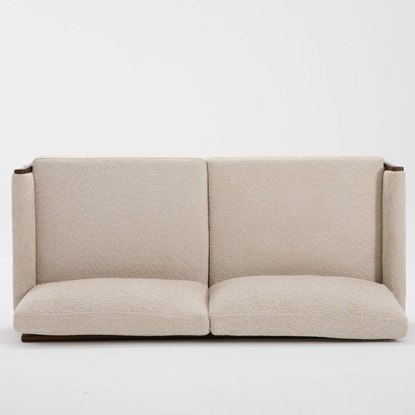 English Elm Mid-century Modern Boucle Upholstered Three Seat Sofa with Walnut Finish Wood Legs Beige N773P411407S