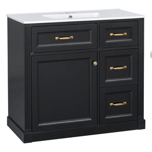 English Elm 36 Inch Bathroom Vanity With Sink & Soft-Close Drawers - Modern Black Cabinet For Smart Storage N725P336549B
