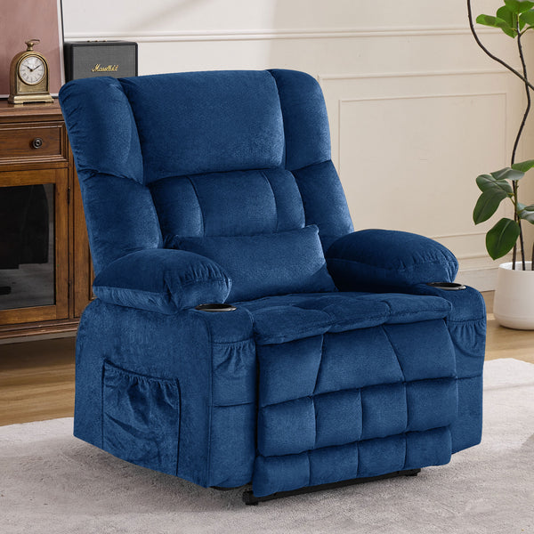 English Elm Dual Motor Large Power Lift Recliner Chair with Waist Kneading & Heat, Extended Footrest, USB Ports Blue W1521S00073