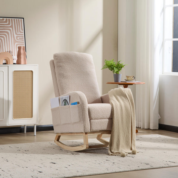 English Elm Modern Upholstered Glider Rocker with Teddy Fabric High Back and Rubberwood Base Beige W3723P409075