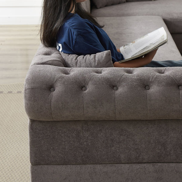 English Elm 135.5-inch Modern Chenille U-Shaped Sectional Sofa with Dual Chaise, Pull-Point Detail, Pillows, Wooden Legs Grey W1926S00047