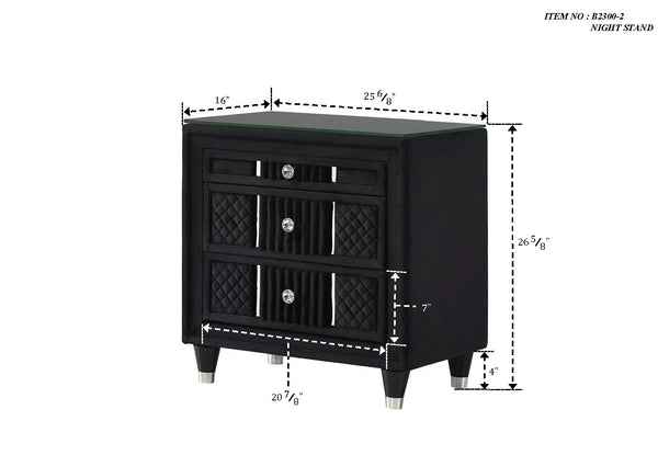 English Elm Contemporary Black Velvet Nightstand Quilted Drawers Crystal Knobs Glass Top Glam Bedroom B2741P457639