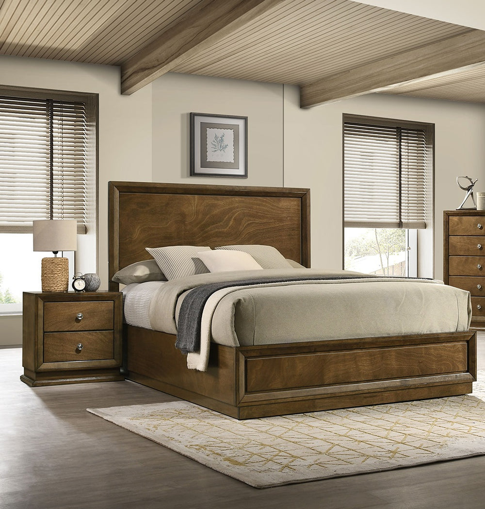 English Elm Walnut Finish King Bedroom Set Carved Headboard Rubberwood Frame with Two Nightstands B2741S00217