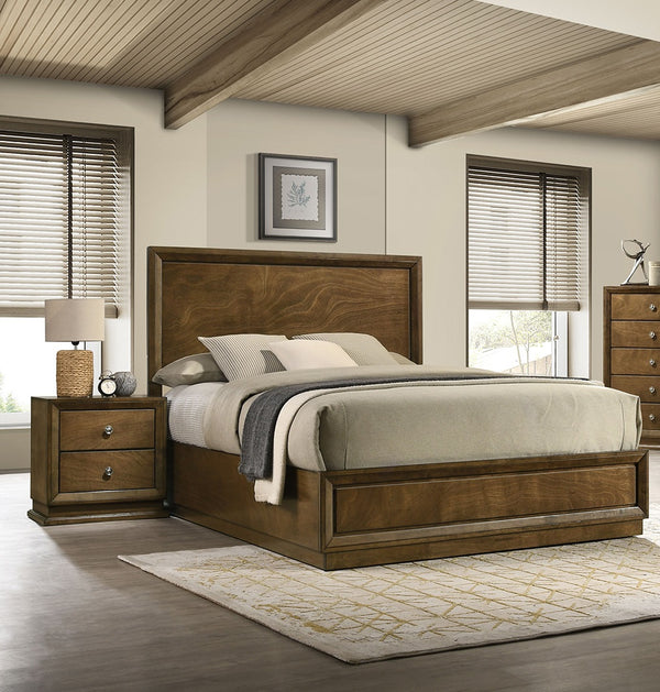 English Elm Walnut Finish King Bedroom Set Carved Headboard Rubberwood Frame with Two Nightstands B2741S00217