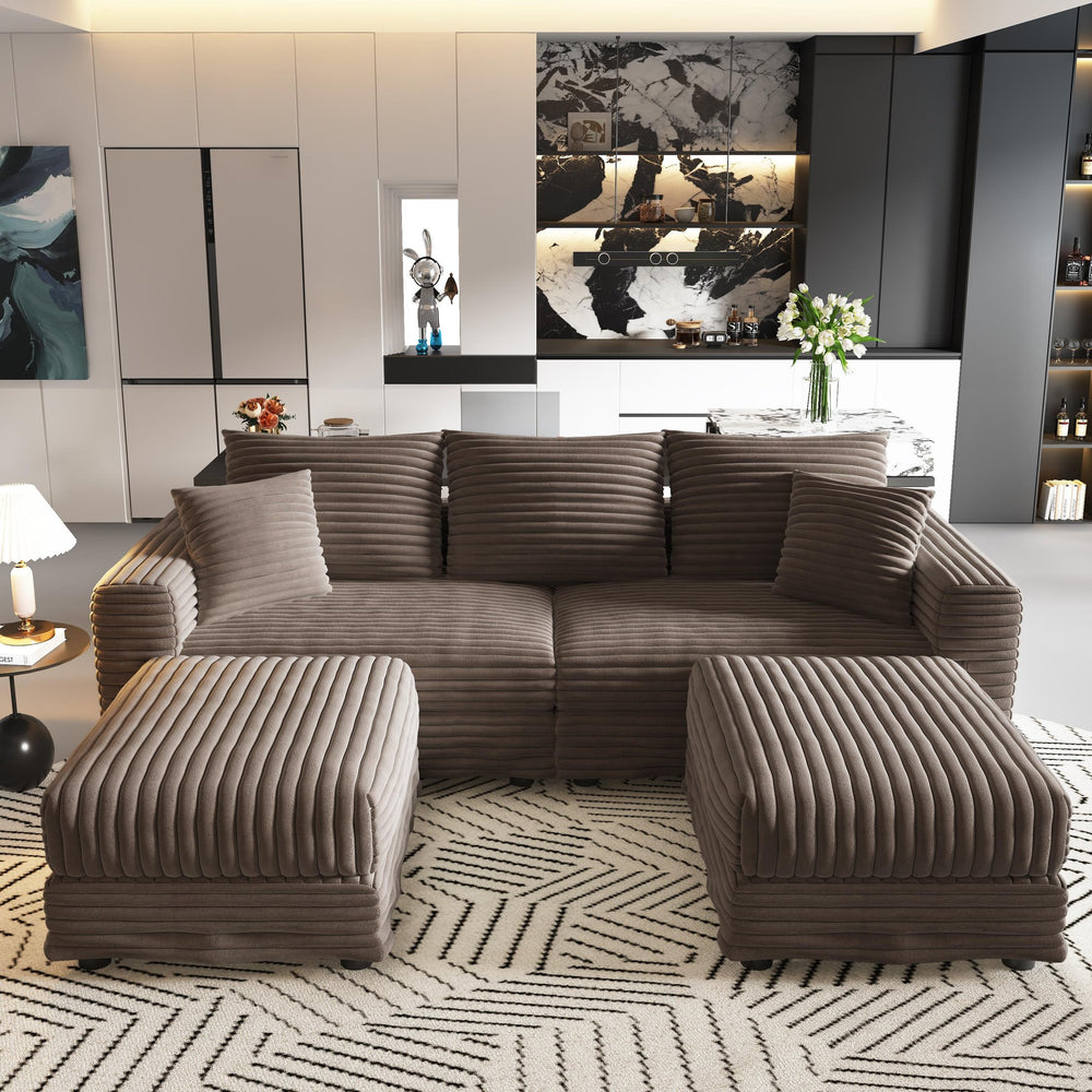 English Elm 82.7" Plush Corduroy 3-Seat Sofa - Modern Convertible Couch With Ottomans, Soft Pillows & Cozy Comfort W1885S00153