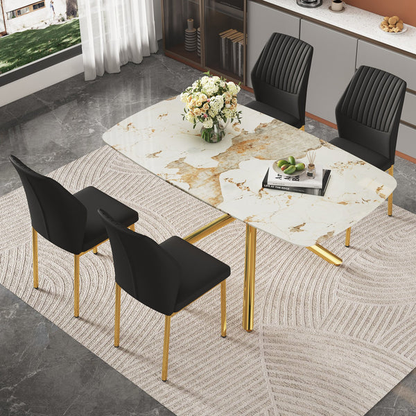 English Elm Table and Chair Set Marble Glass Top Gold X Base with Black Pu Seating for Four W1151S04542