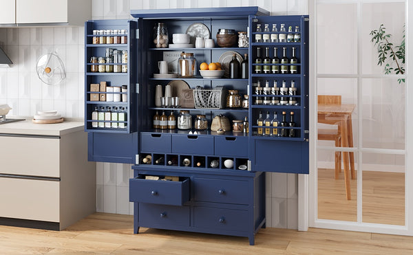 English Elm Topmax Freestanding Pine Wood Kitchen Pantry Cabinet with Wine Rack Blue SP000070AAC