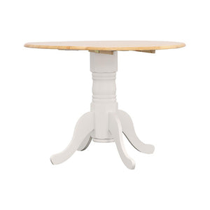 English Elm Round 40-inch Drop Leaf Dining Table White & Natural — Space-Saving Pedestal Base, Elegant Curved Legs, Cozy Cafe Style B016S00037