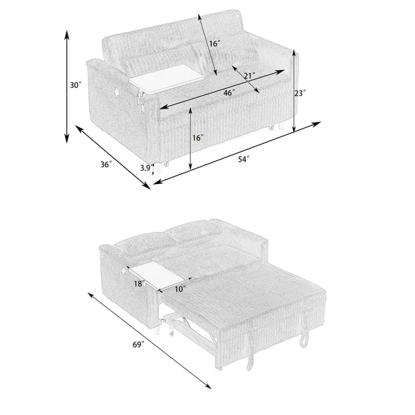 English Elm The pull-out and push-in corduroy sofa with convertible bed, movable tabletop and built-in USB ports Beige W3371P316015