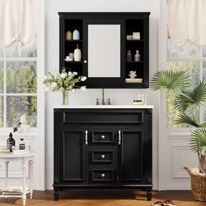 English Elm 36'' Bathroom Vanity with Sink and Mirror Cabinet, Modern MDF & Solid Wood Design, Ceramic Top, Soft-Close Doors Black SW000115AAB-1