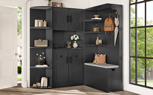 English Elm Multifunctional Modular Hall Tree Cabinet with Open Shelves and Hooks for Entryway Black W1580S00566