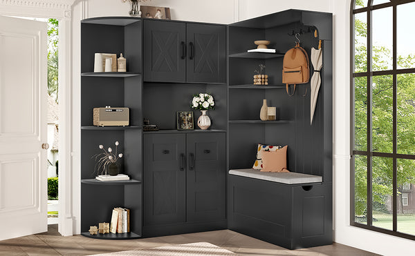 English Elm Multifunctional Modular Hall Tree Cabinet with Open Shelves and Hooks for Entryway Black W1580S00566