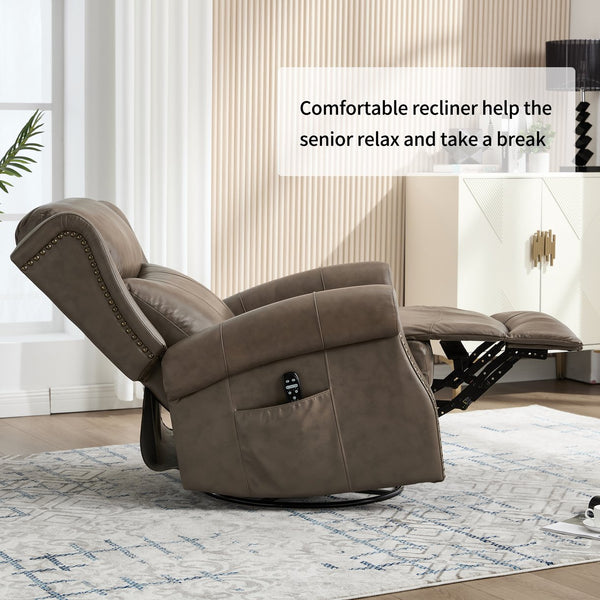 English Elm Heat Massage Swivel Rocker Recliner Genuine Leather Chair with Lumbar Relief W3224S00011