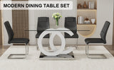 English Elm 1 Table and 4 Chairs Set.63"X35.4 Rectangular Transprant Tempered Glass Dining Tabletop With White Mdf Oc Shaped Bracket.Paried With 4 Black High-Quality Pu Chairs With Silver Metal Legs.