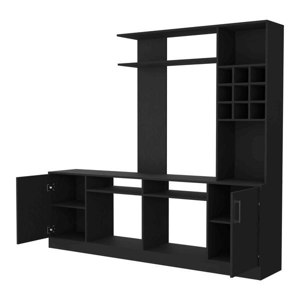 English Elm Vibrant Black Entertainment Center for TVs up to 78" — Double Door Cabinet, 6 Shelves, Ample Storage B128S00159