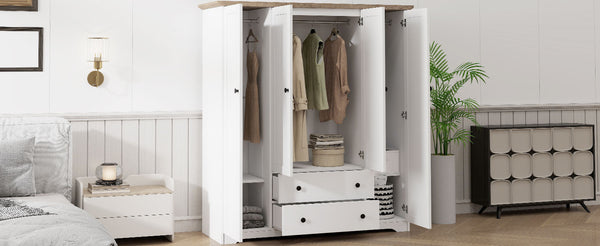 English Elm 4 Door Wardrobe Armoire Closet with 2 Drawers Rustic Pine & MDF Storage Cabinet with Shelves and Hanging Space White N7090001842K