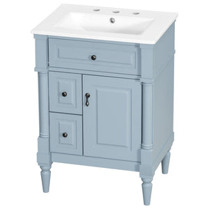 English Elm 24 Inch Freestanding Vanity with Ceramic Sink Rubberwood Frame Matte Finish Storage Blue+Grey N725P356058E