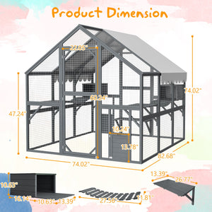 English Elm Extra Large Walk-in Outdoor Cat Enclosure with Oxford Roof Ramps and Dual Resting Huts W1422S00047