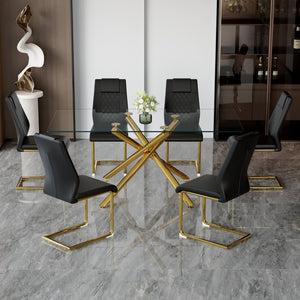 English Elm Table Set - Modern 7-Piece Dining Set With Transparent Tempered Glass Top & 6 Black Pu Chairs, Gold Legs W1151S02589-GIGA