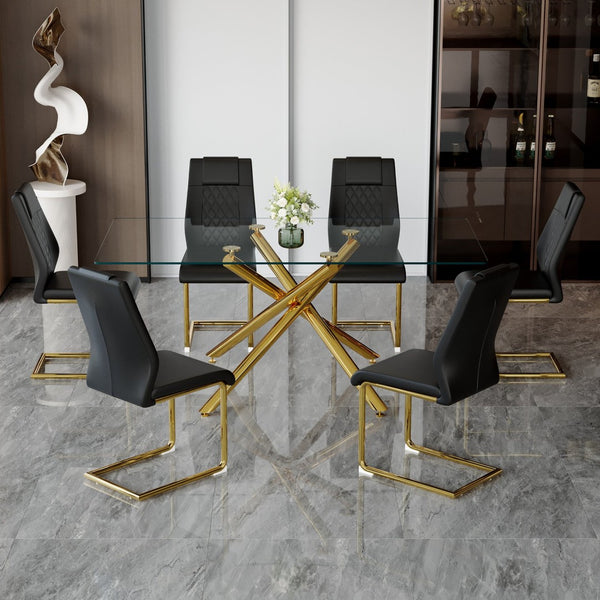 English Elm Table Set - Modern 7-Piece Dining Set With Transparent Tempered Glass Top & 6 Black Pu Chairs, Gold Legs W1151S02589-GIGA