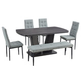 English Elm 63" Modern Style 6-Piece Dining Table With 4 Chairs & 1 Bench, Table With Wood Veneers Tabletop and V-Shaped Table Legs