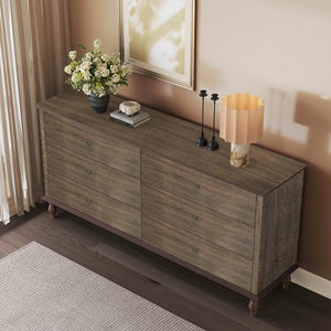 English Elm 6-drawer Wide Dresser Burnt Wood Grain Finish Copper Handles Roman Column Legs Bedroom Deep Rustic Brown W1445S00003