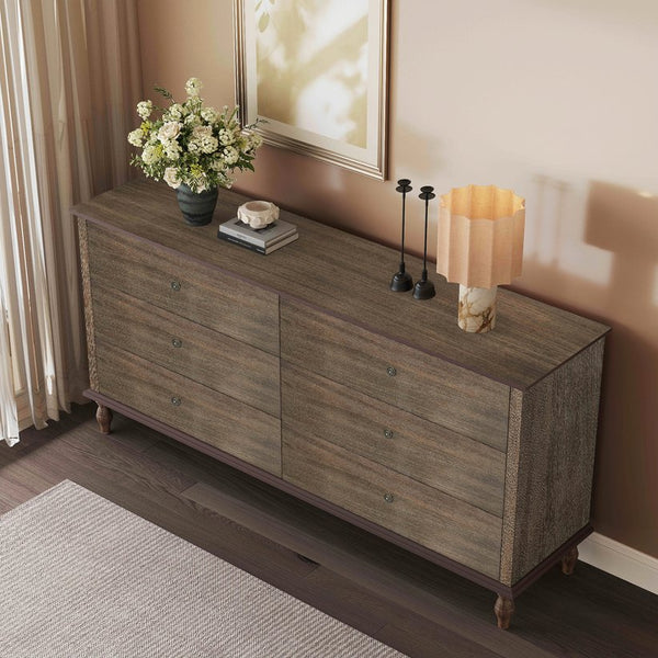 English Elm 6-drawer Wide Dresser Burnt Wood Grain Finish Copper Handles Roman Column Legs Bedroom Deep Rustic Brown W1445S00003