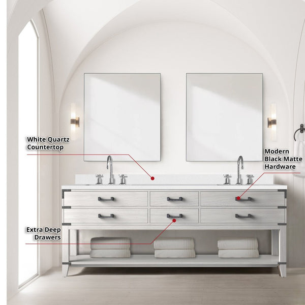 English Elm White Oak Double Bath Vanity Set: 84" W X 22" D With White Quartz Top, Faucets & 36" Mirrors Included B2731S01918-GIGA